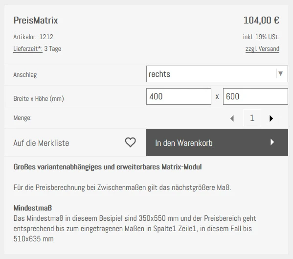 PreisMatrix Maßeingabe