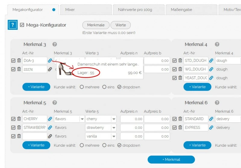 Artikel-Set - Lagerhaltung für Megakonfigurator