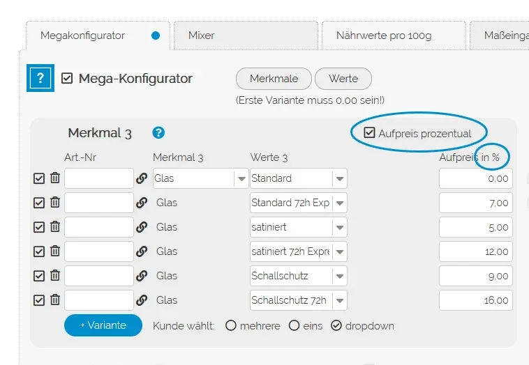Megakonfigurator Prozentaufschläge