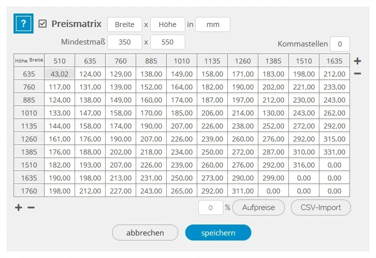 PreisMatrix Maßeingabe