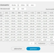 PreisMatrix Maßeingabe